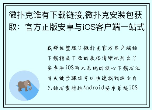 微扑克谁有下载链接,微扑克安装包获取：官方正版安卓与iOS客户端一站式搞定